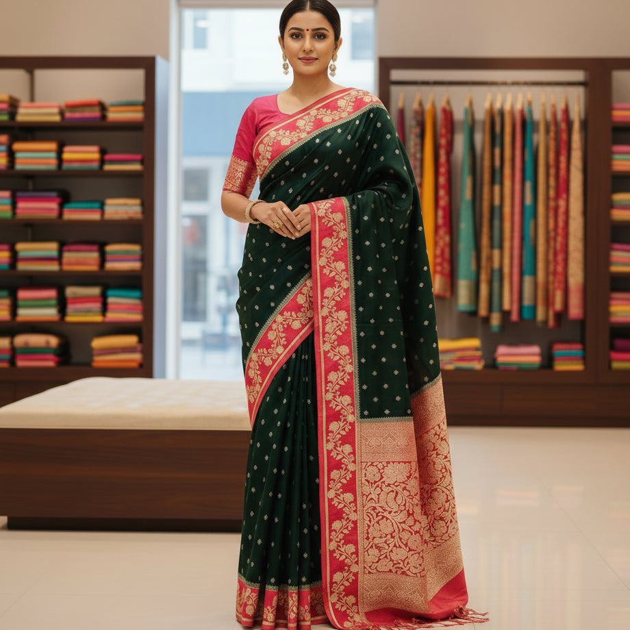 Bottle green pure viscose border sarees with buttas