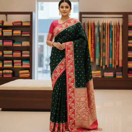 Bottle green pure viscose border sarees with buttas