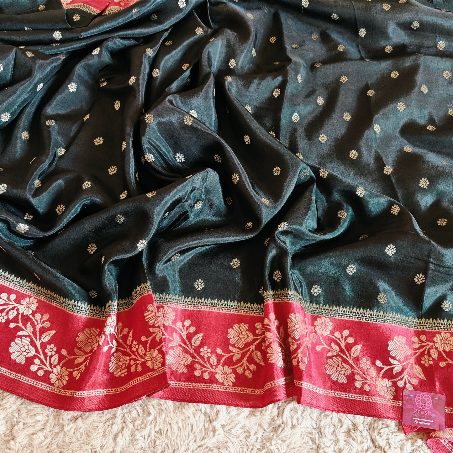 Bottle green pure viscose border sarees with buttas