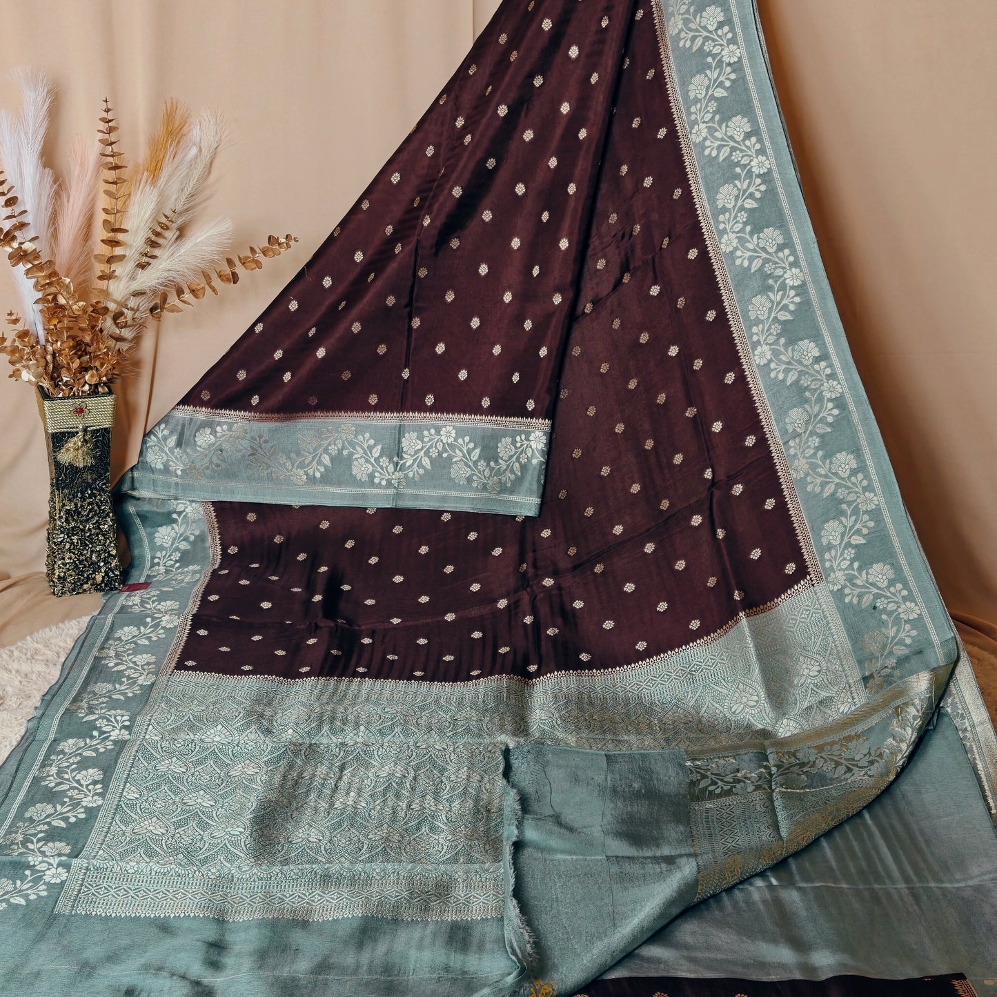 Brown pure viscose border sarees with buttas