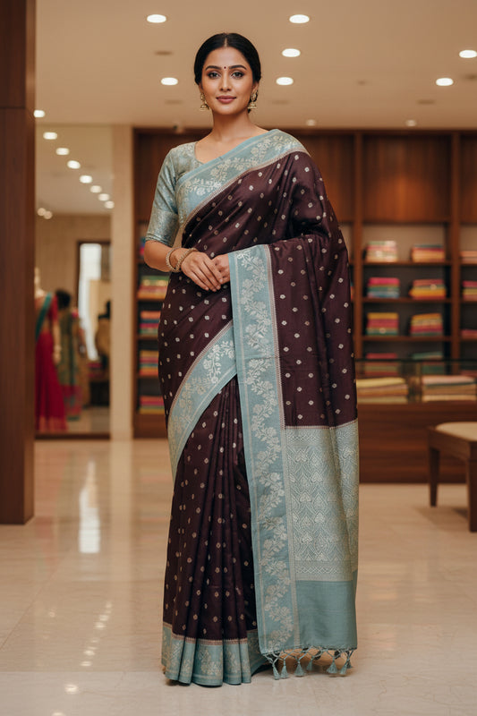 Brown pure viscose border sarees with buttas