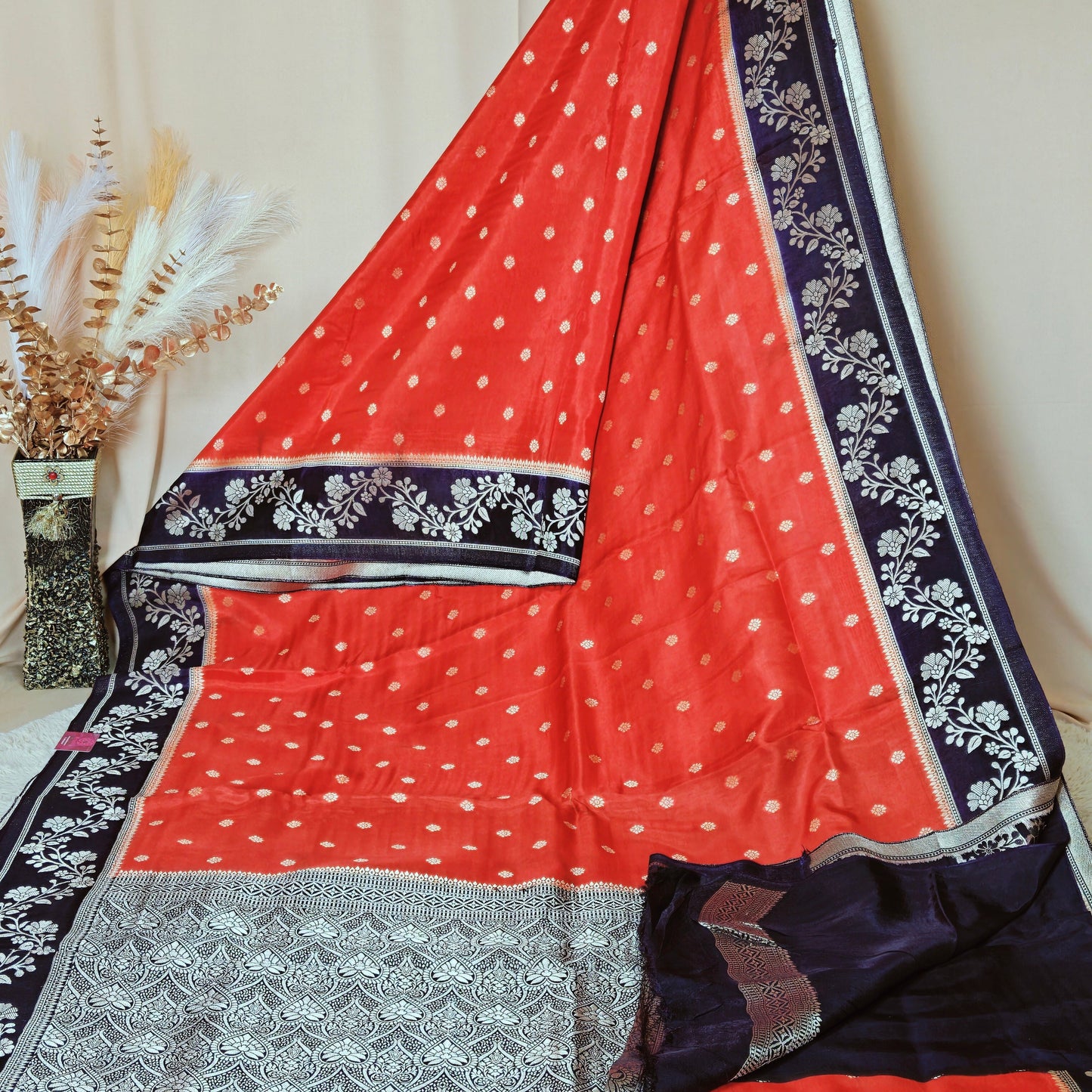 Dark Orange pure viscose border sarees with buttas