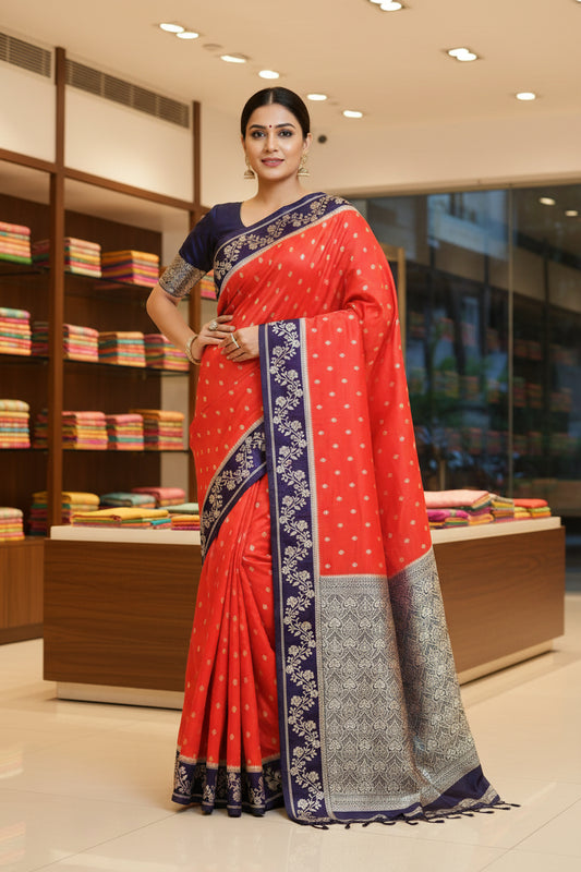 Dark Orange pure viscose border sarees with buttas