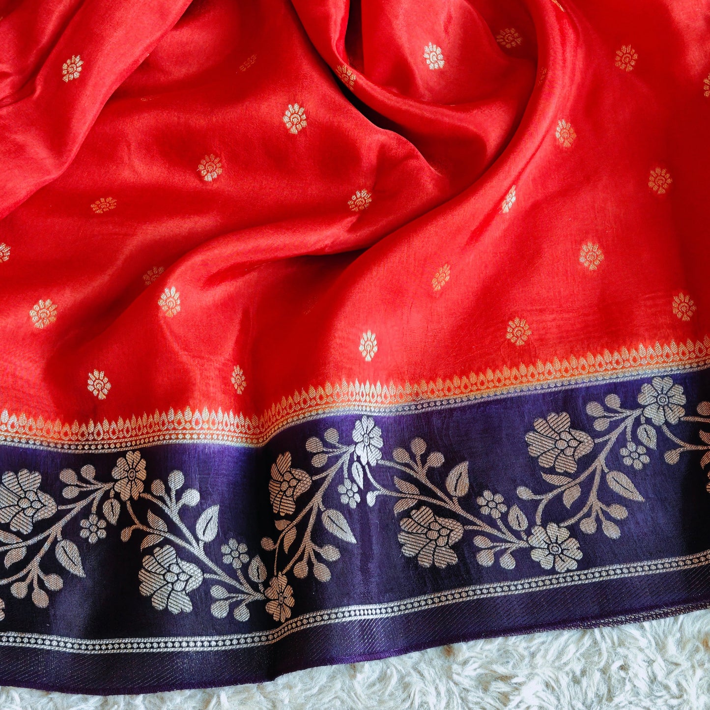 Dark Orange pure viscose border sarees with buttas