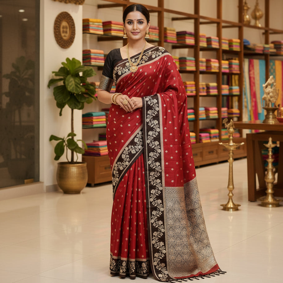 Maroon pure viscose border sarees with buttas