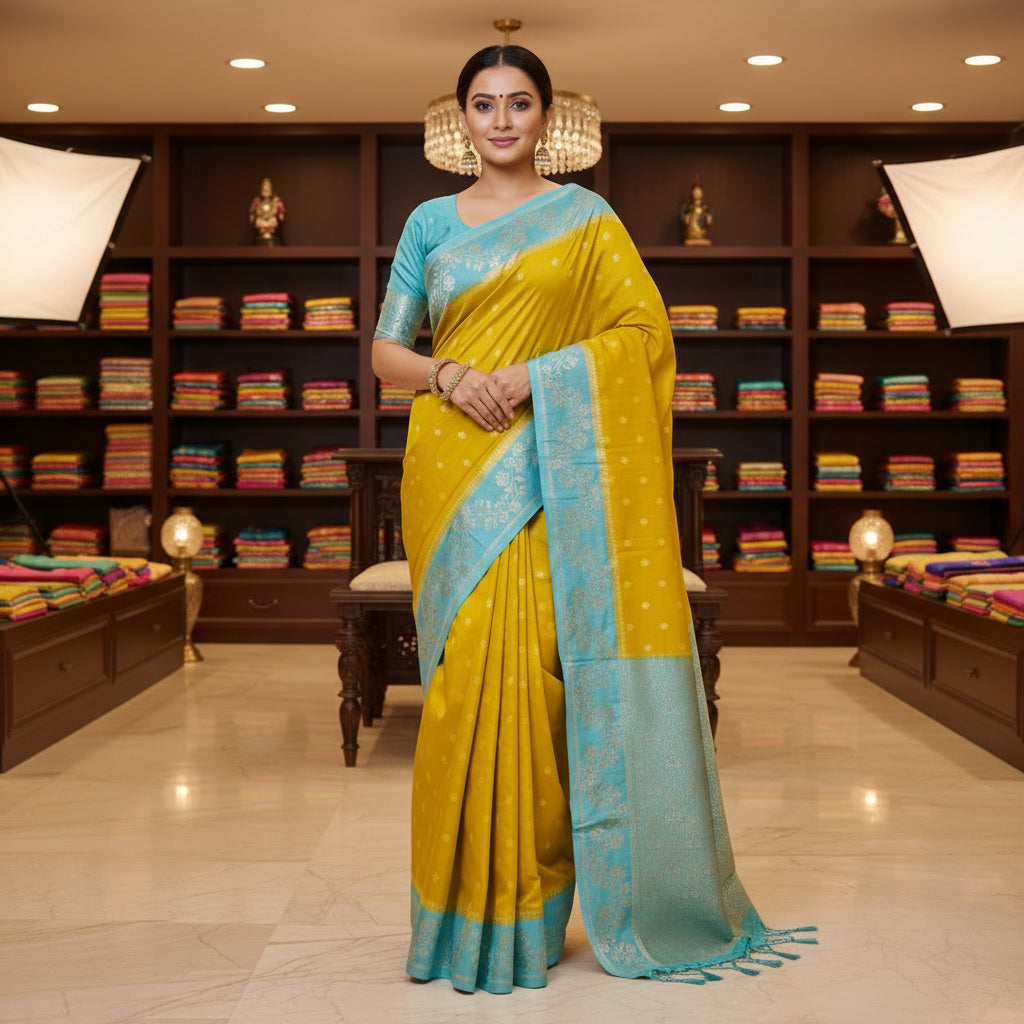 Yellow pure viscose border saree with buttas