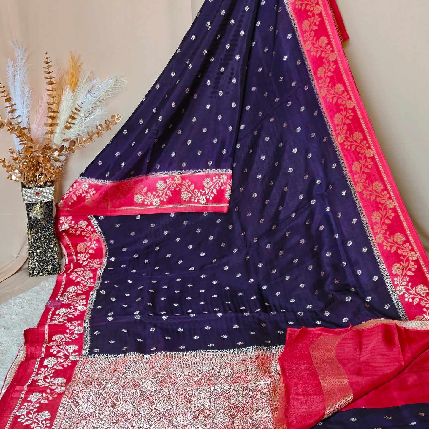 Purple pure viscose border sarees with buttas