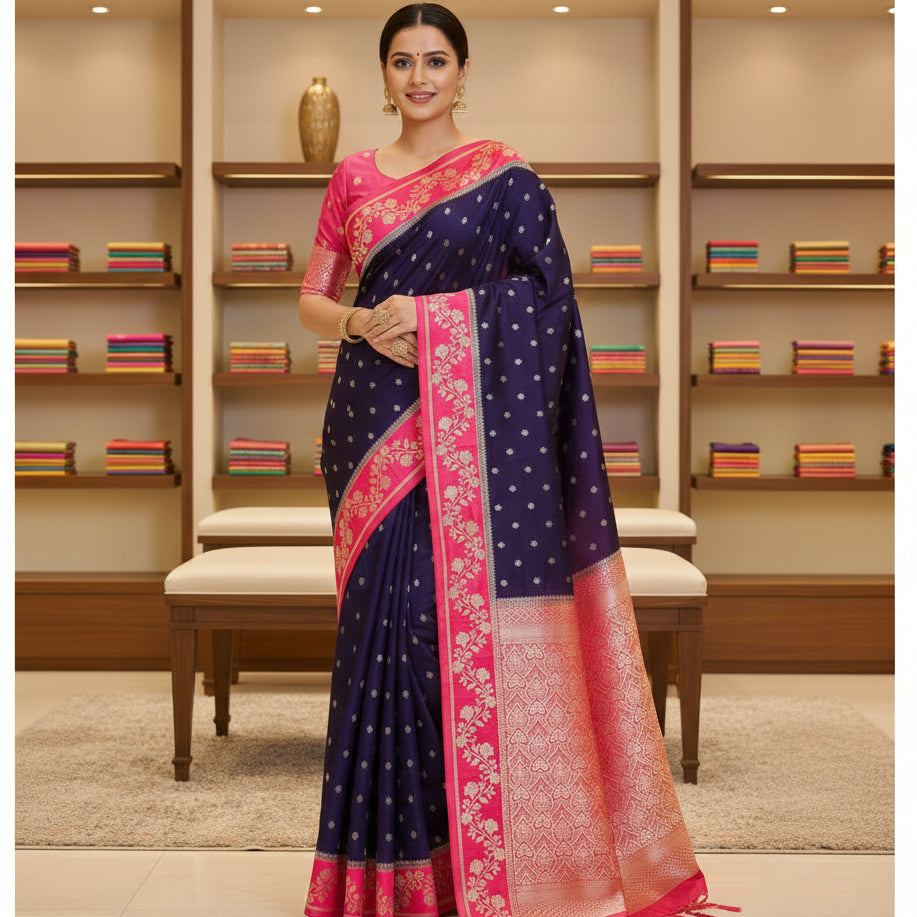 Purple pure viscose border sarees with buttas