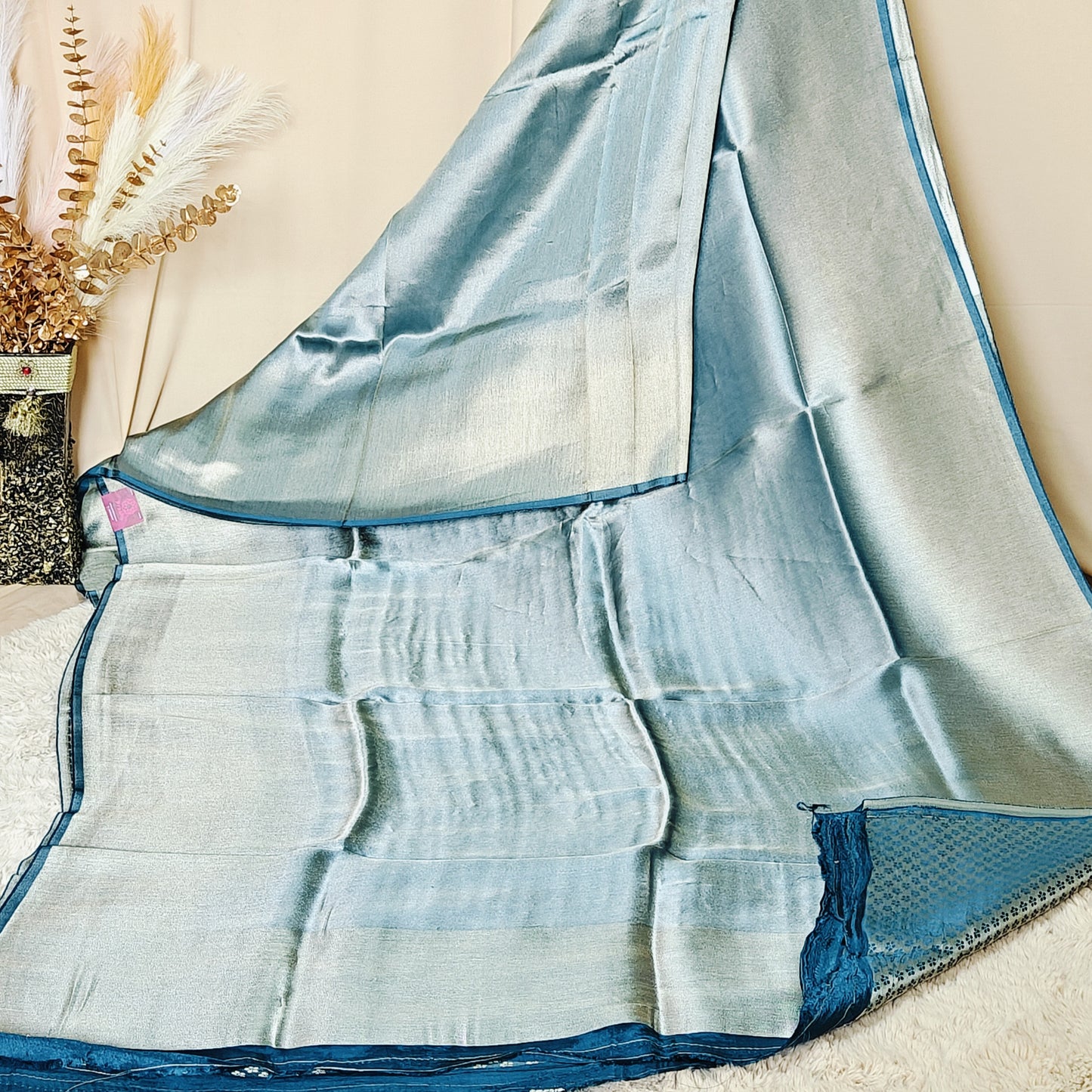 Teal blue viscose tissue saree