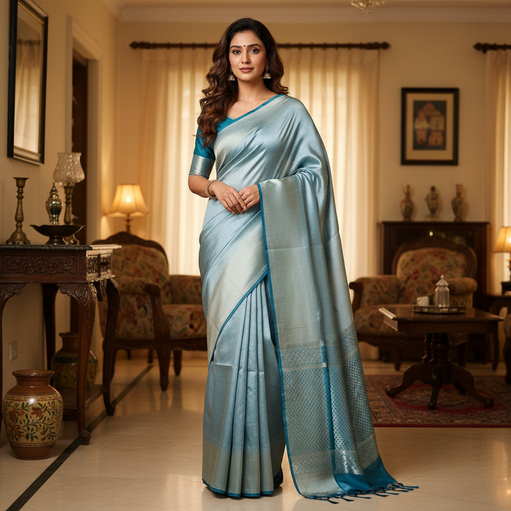 Teal blue viscose tissue saree