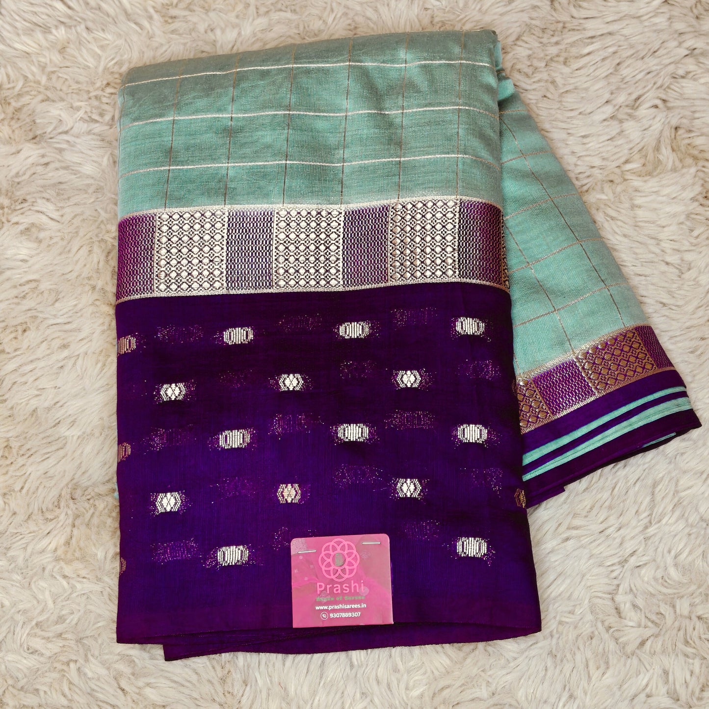 Sea blue muslin saree with checks