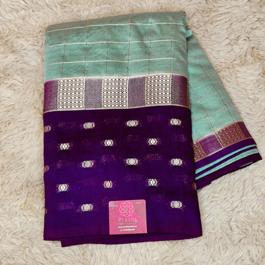 Sea blue muslin saree with checks