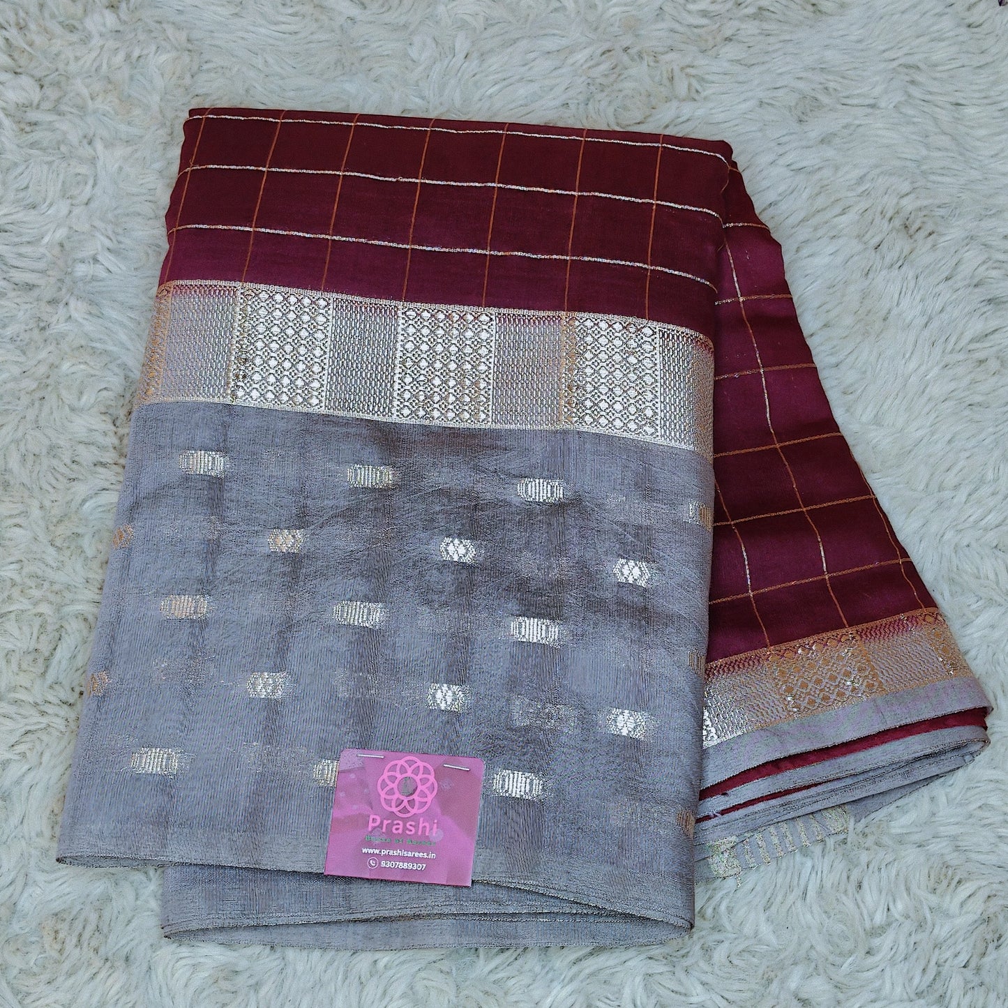 Maroon muslin saree with checks