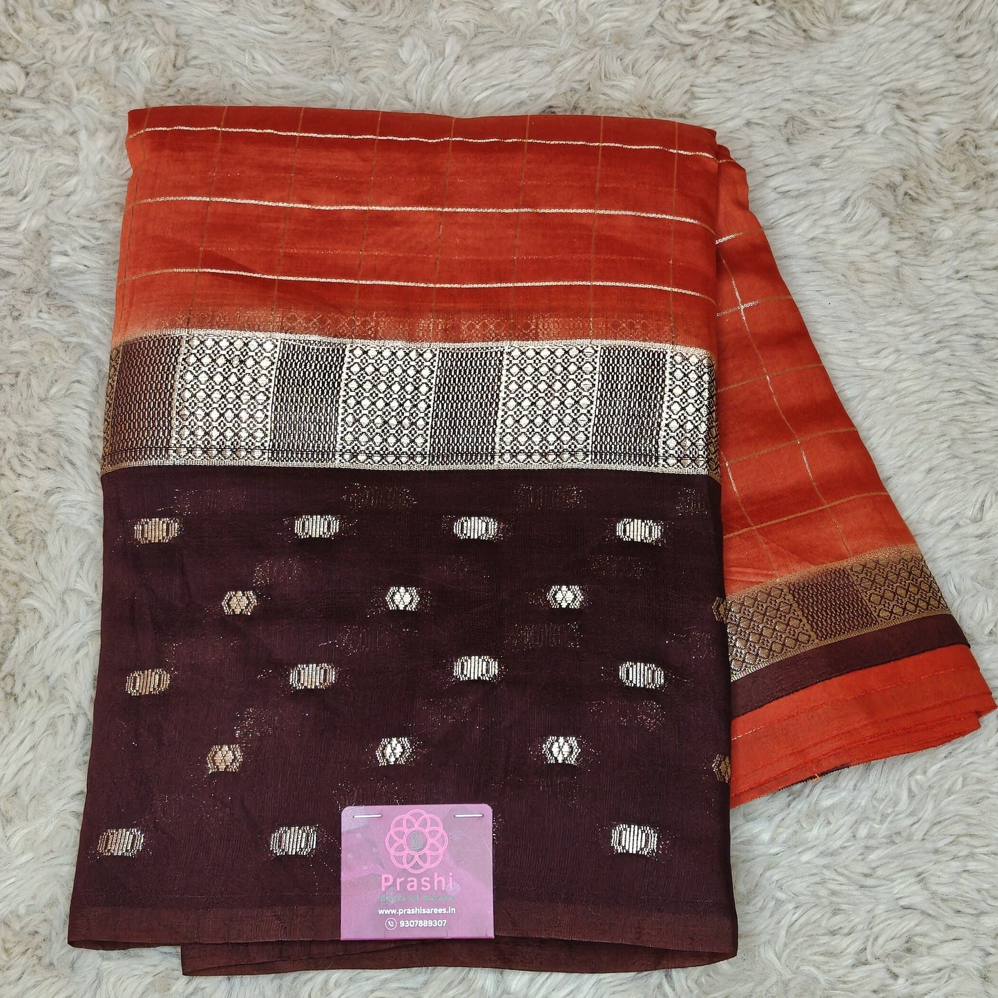 Orange muslin saree with checks