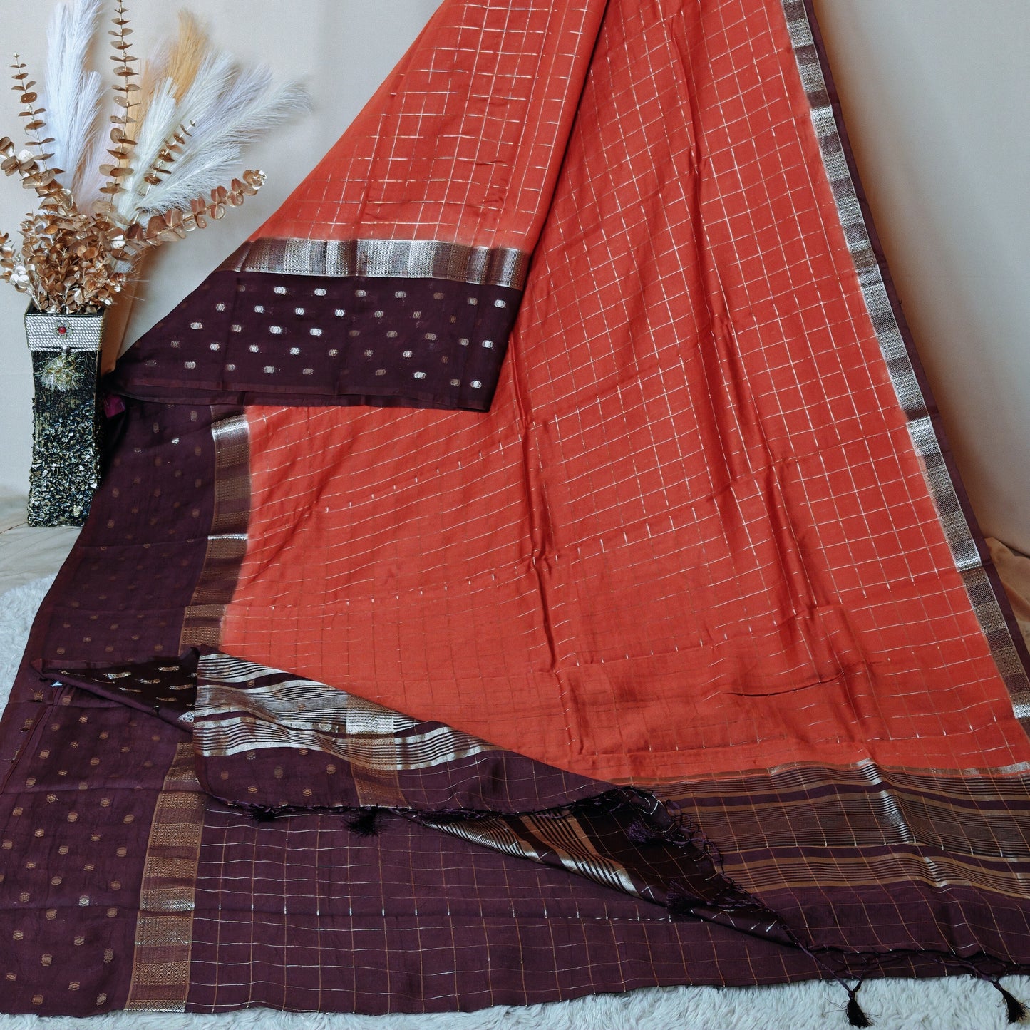 Orange muslin saree with checks