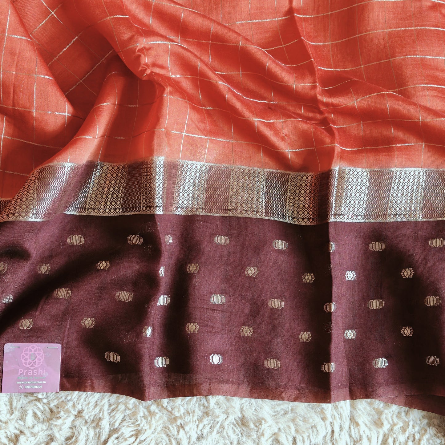 Orange muslin saree with checks