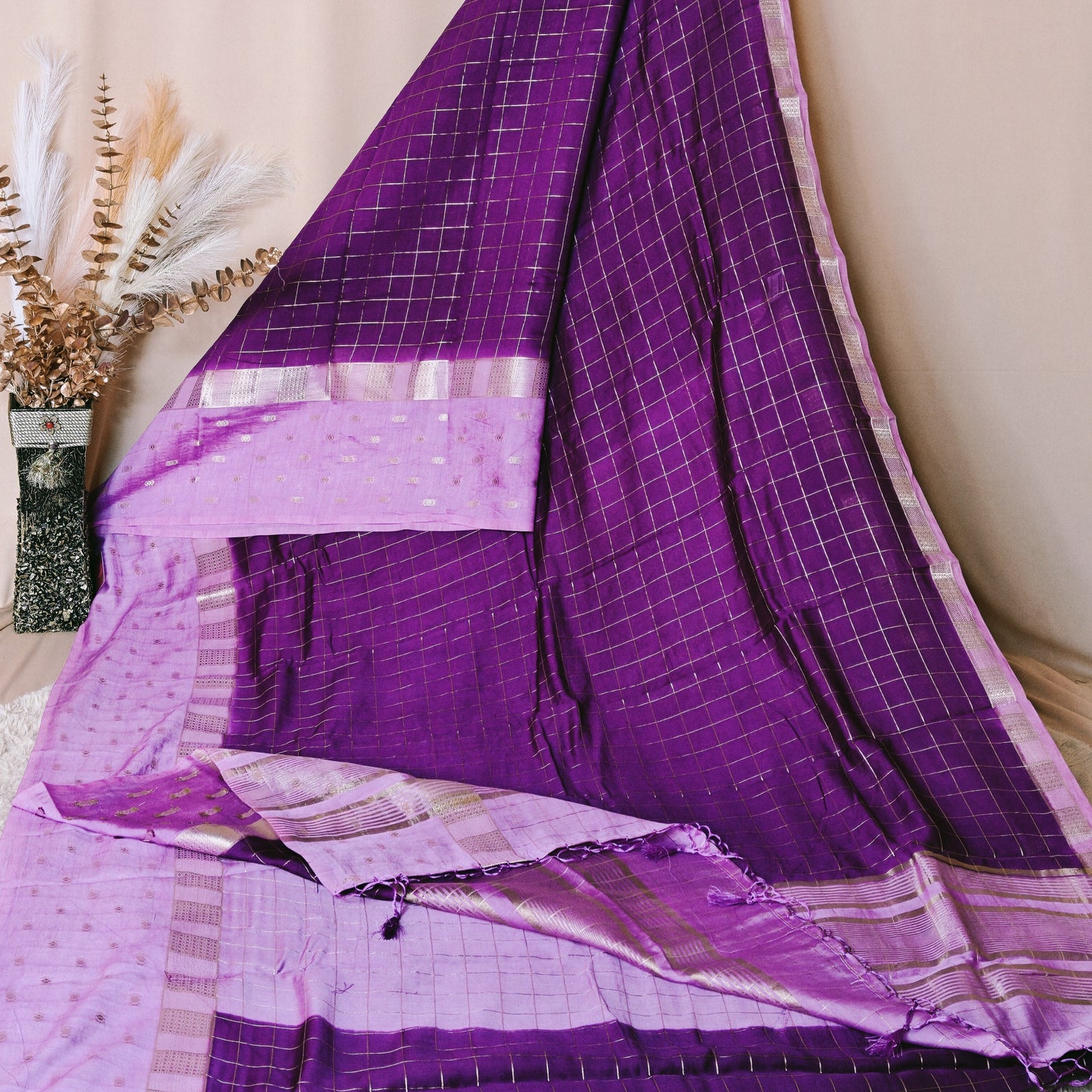 Purple muslin saree with checks