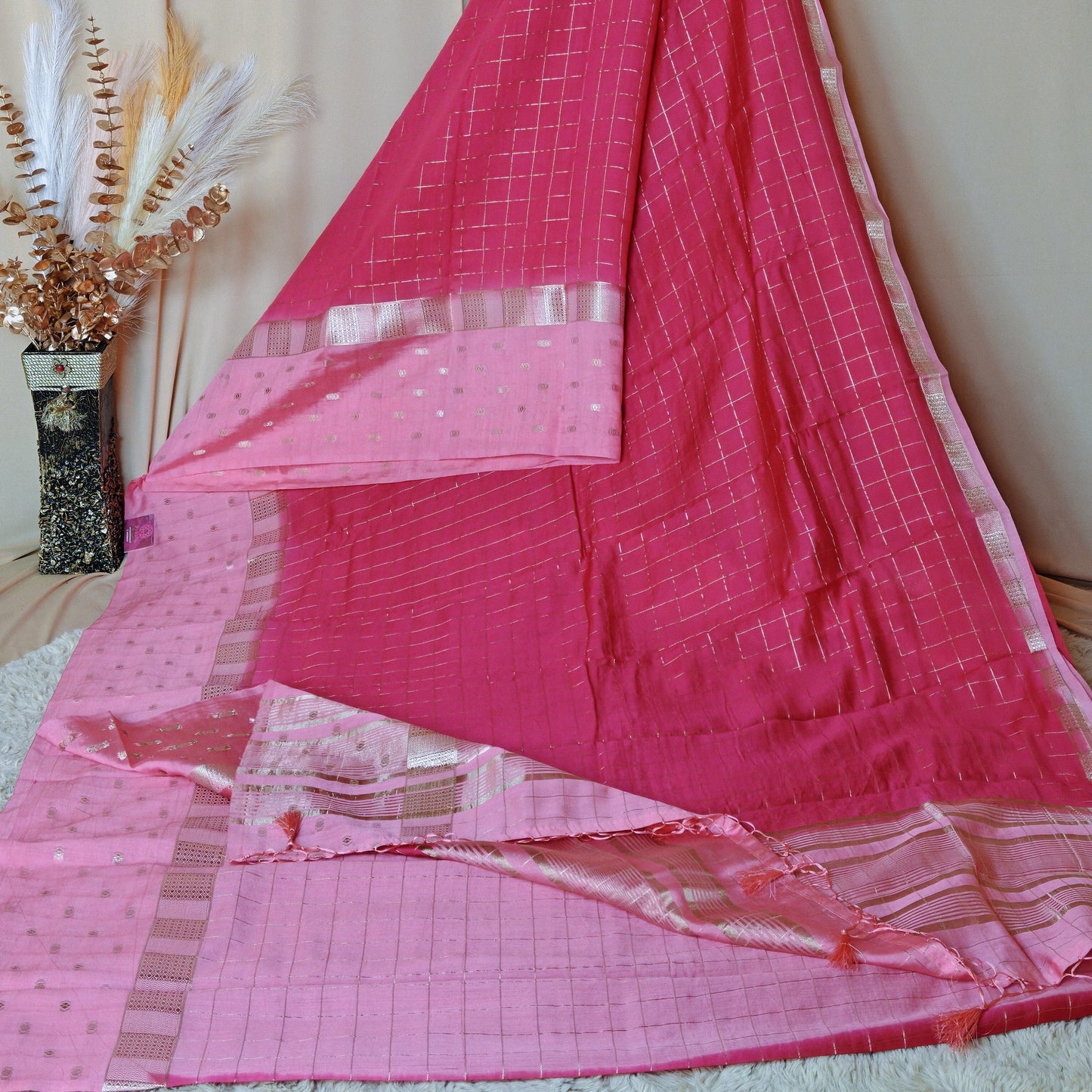 PINK muslin saree with checks
