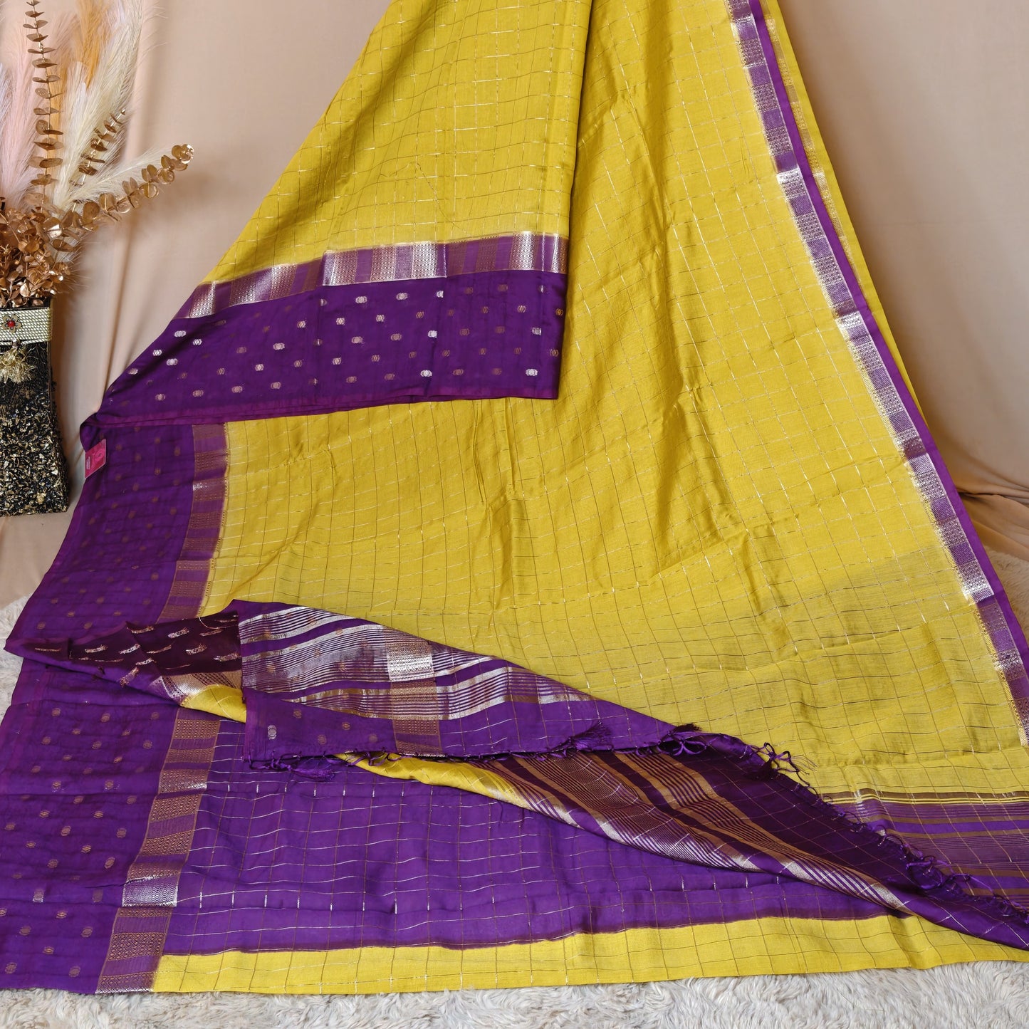 Yellow muslin saree with checks