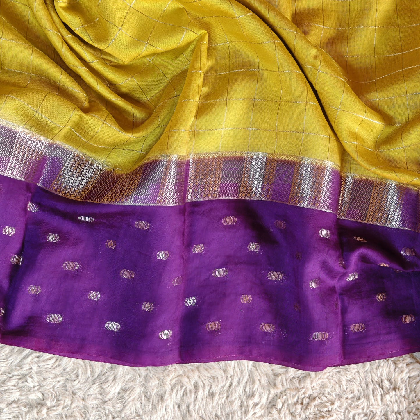 Yellow muslin saree with checks