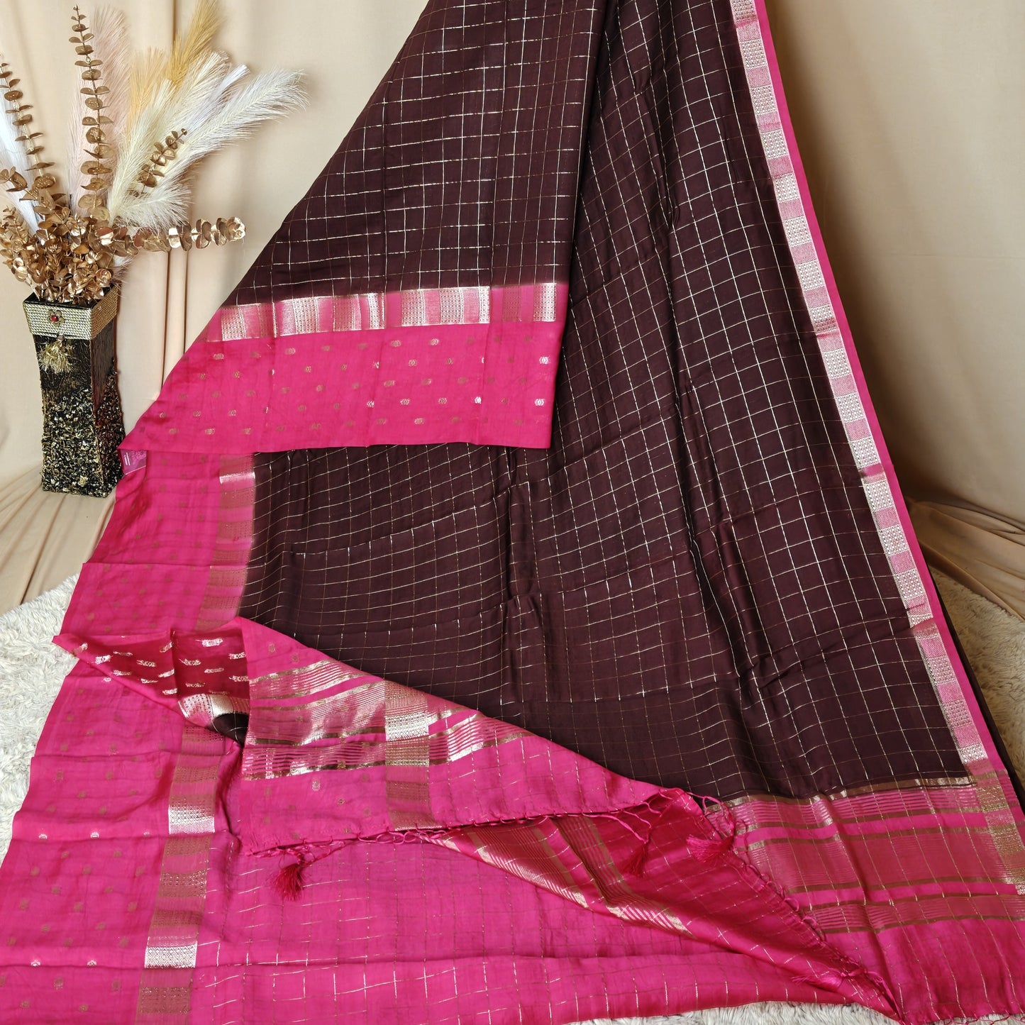 Brown muslin saree with checks