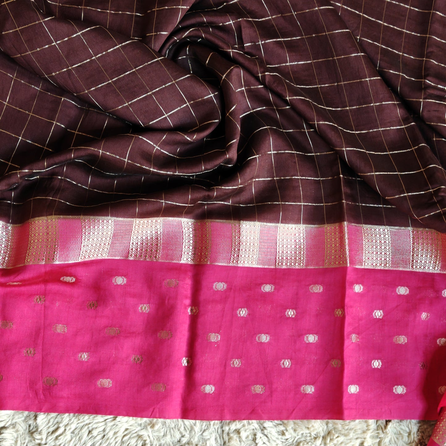 Brown muslin saree with checks