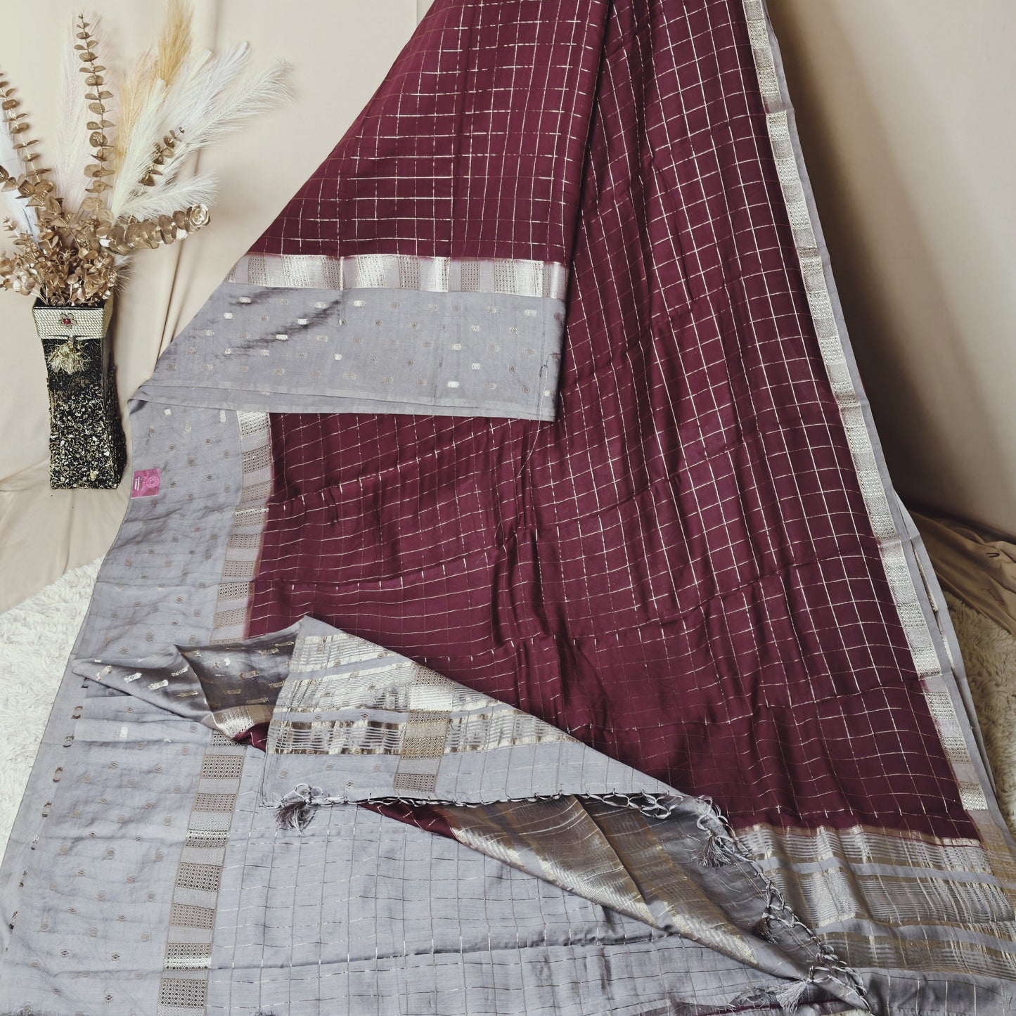 Maroon muslin saree with checks