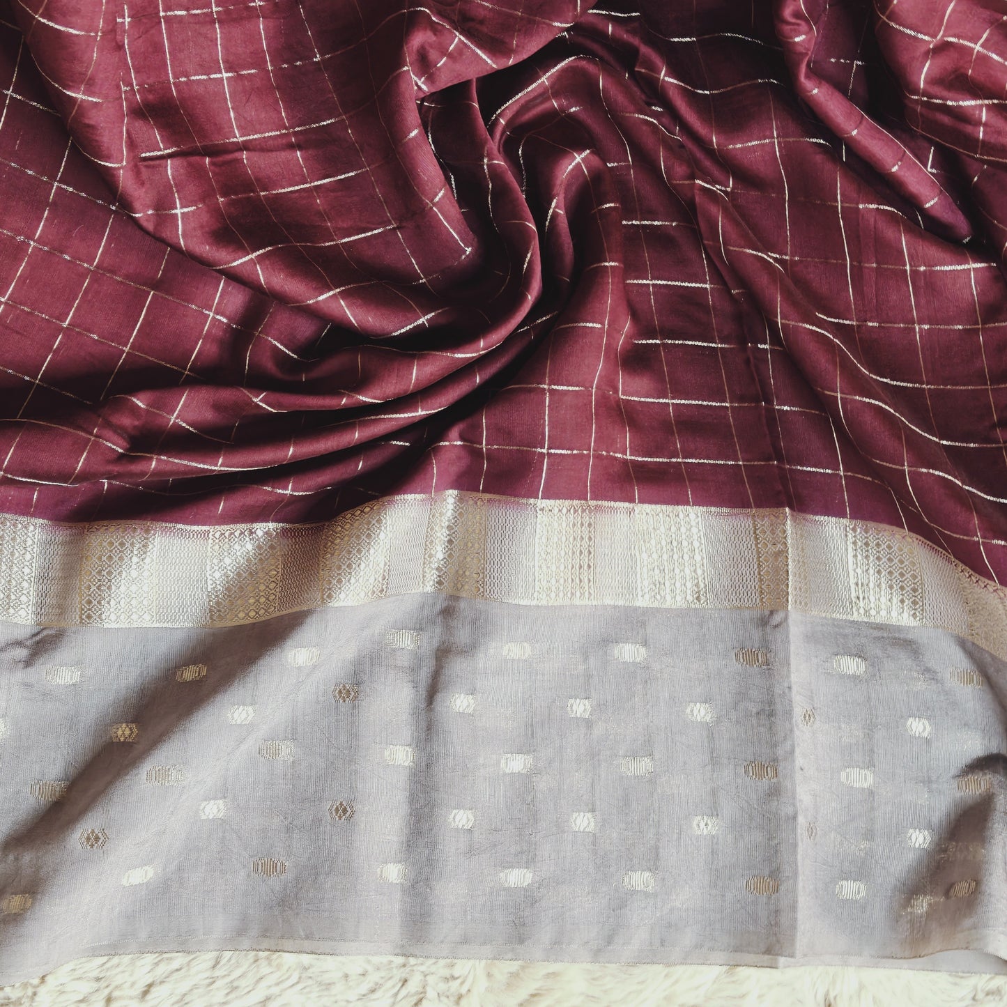 Maroon muslin saree with checks
