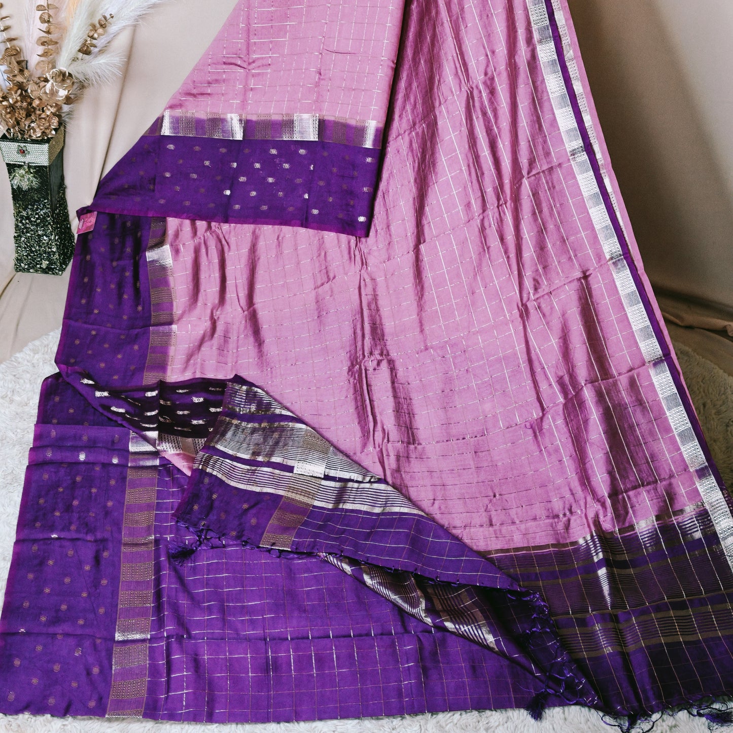Baby pink muslin saree with checks