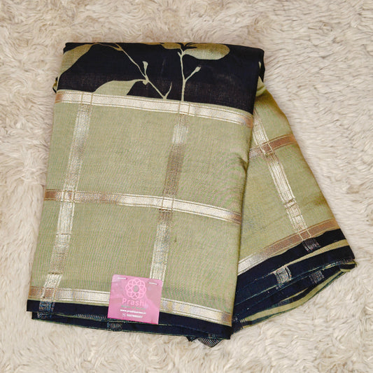 Black with pastel green Muslin saree