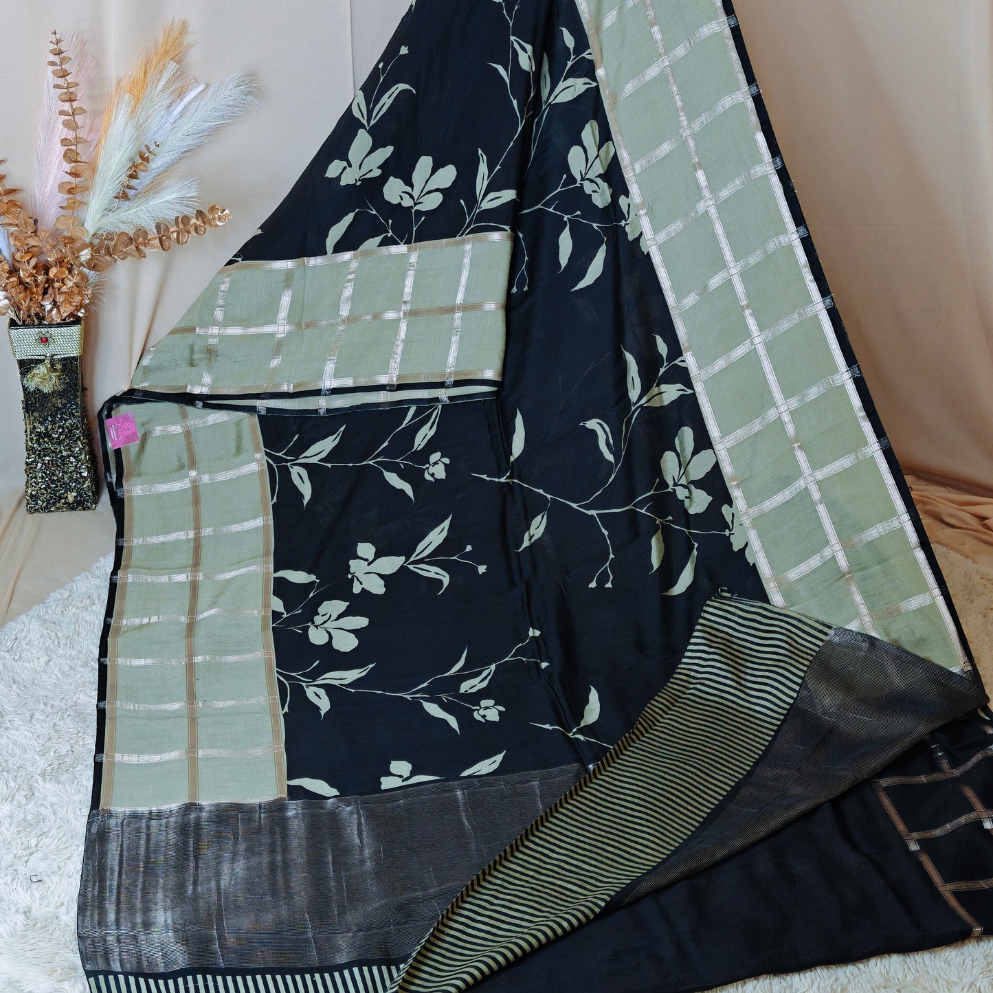 Black with sea blue Muslin saree
