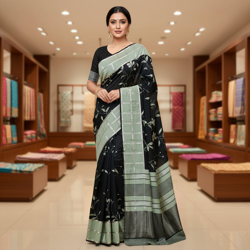 Black with sea blue Muslin saree