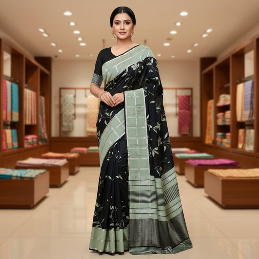 Black with sea blue Muslin saree