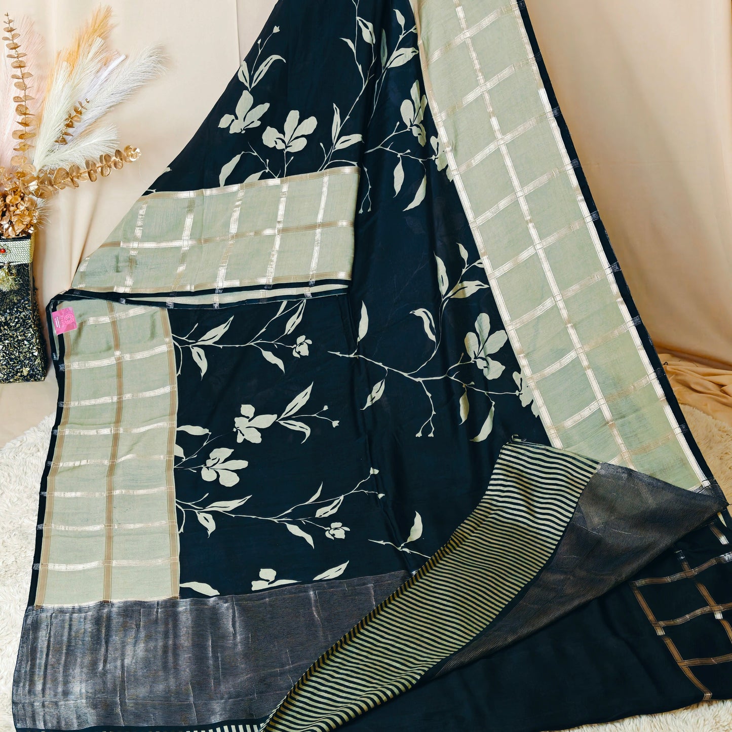 Black with pastel green Muslin saree