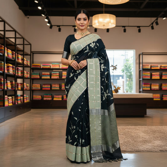 Black with pastel green Muslin saree