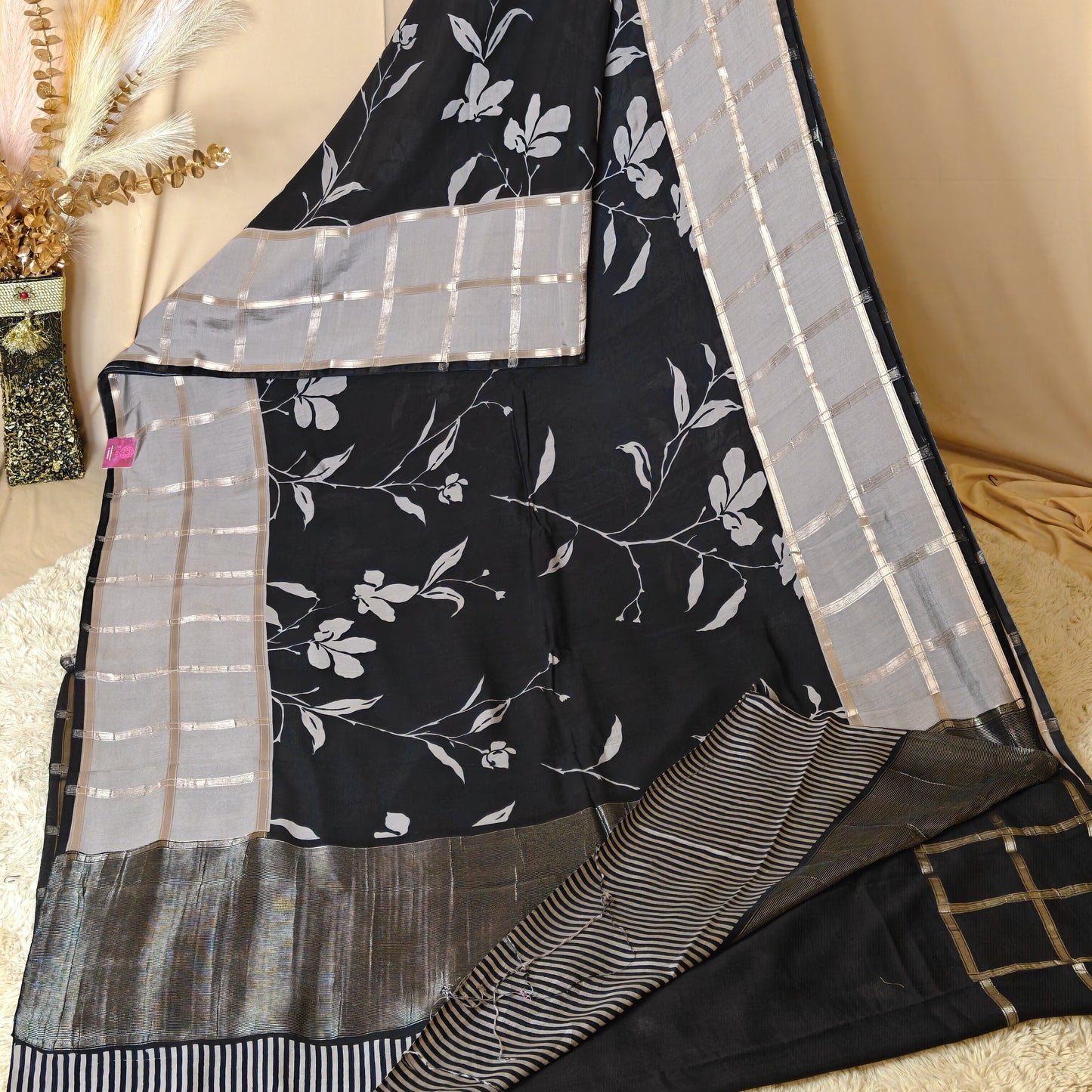 Black with grey Muslin saree
