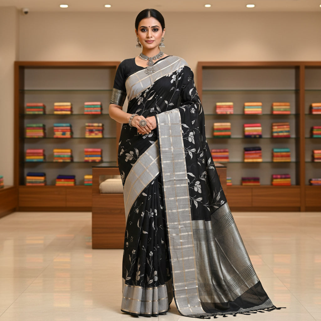 Black with grey Muslin saree