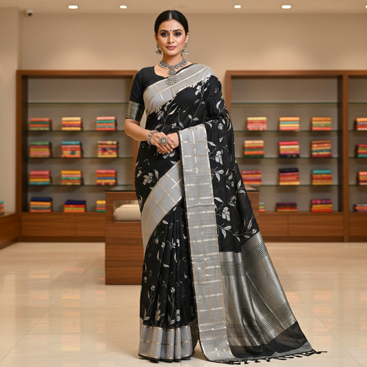 Black with grey Muslin saree