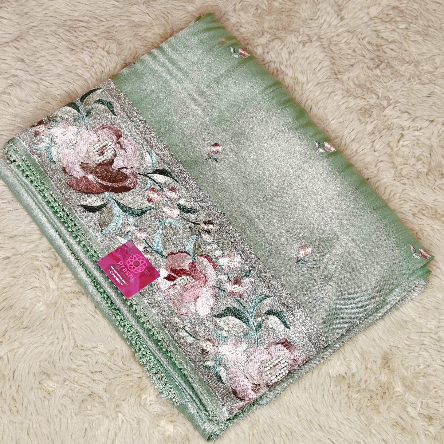 Pista green tissue silver embroidery saree