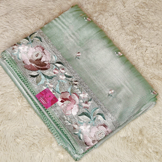 Pista green tissue silver embroidery saree