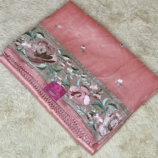pink tissue silver embroidery saree