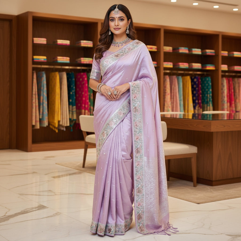 Lavender tissue silver embroidery saree