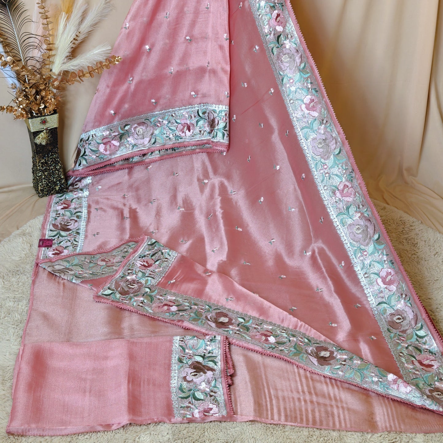 pink tissue silver embroidery saree