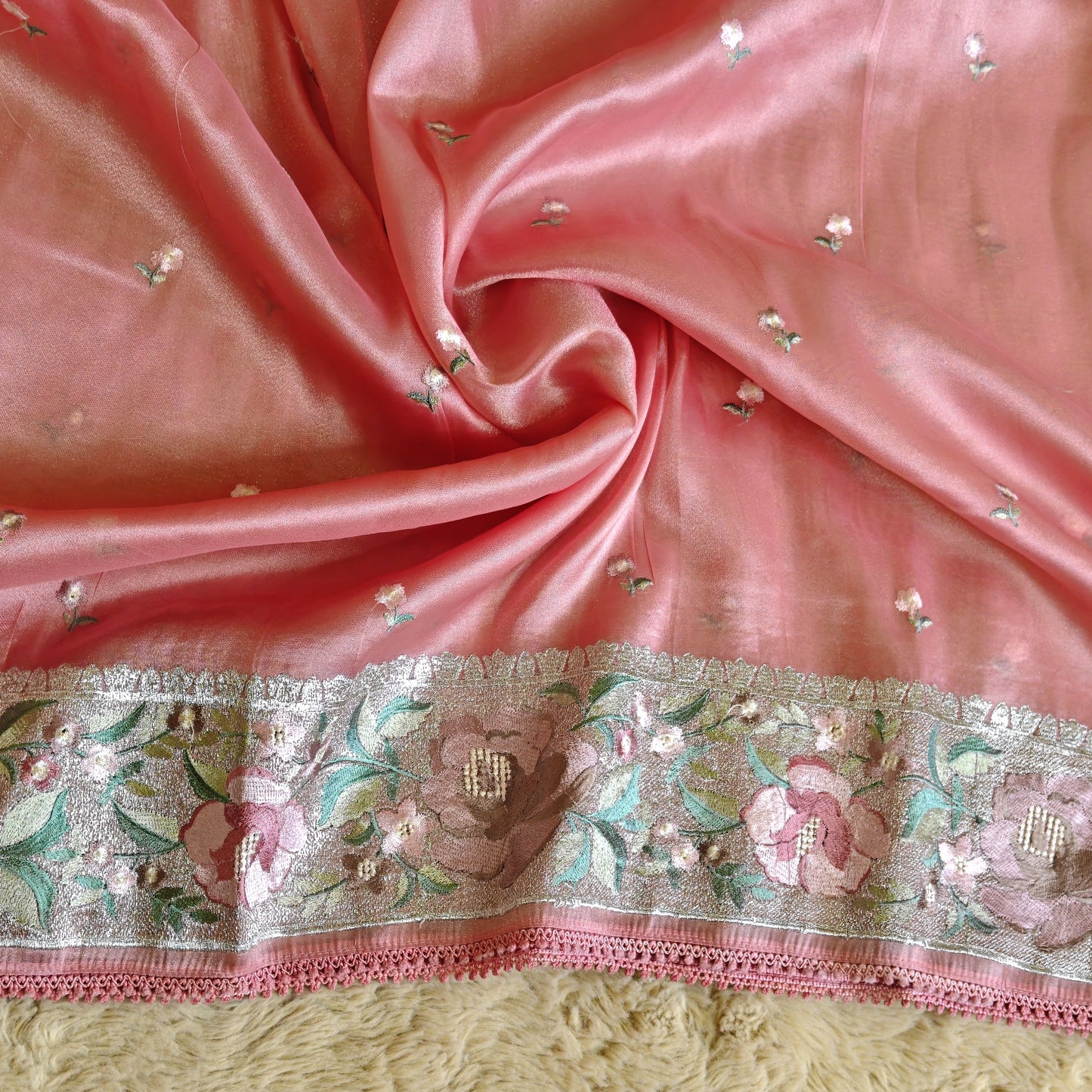 pink tissue silver embroidery saree