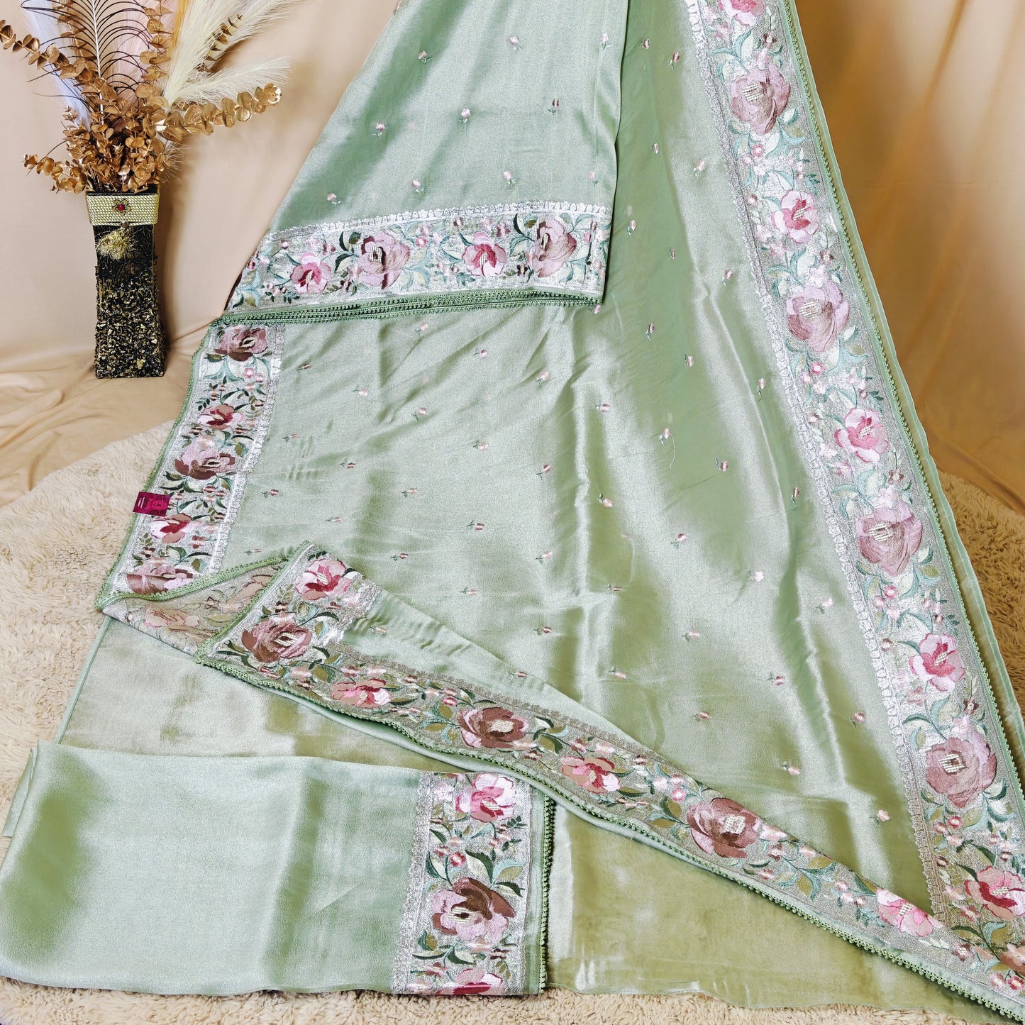 Pista green tissue silver embroidery saree