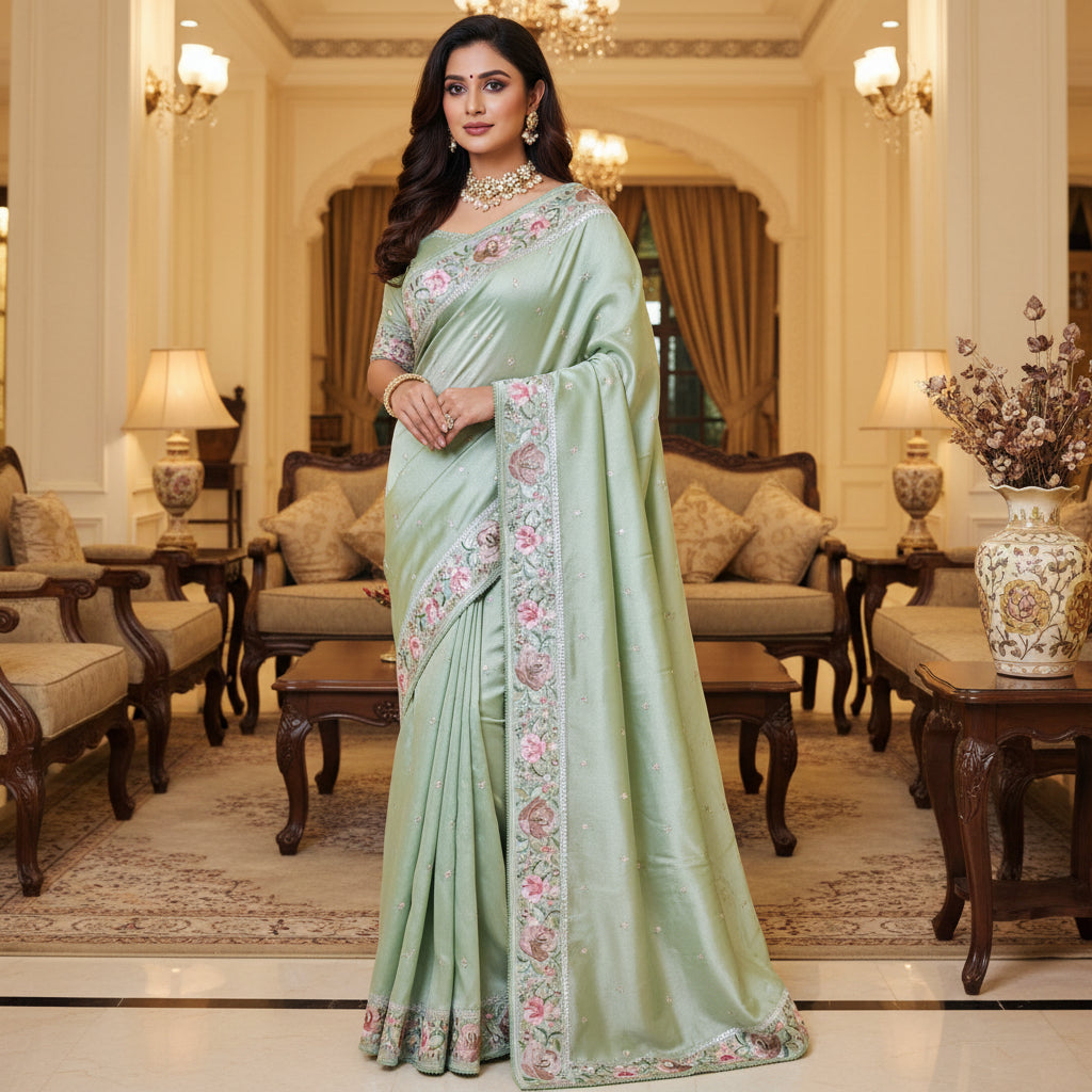 Pista green tissue silver embroidery saree