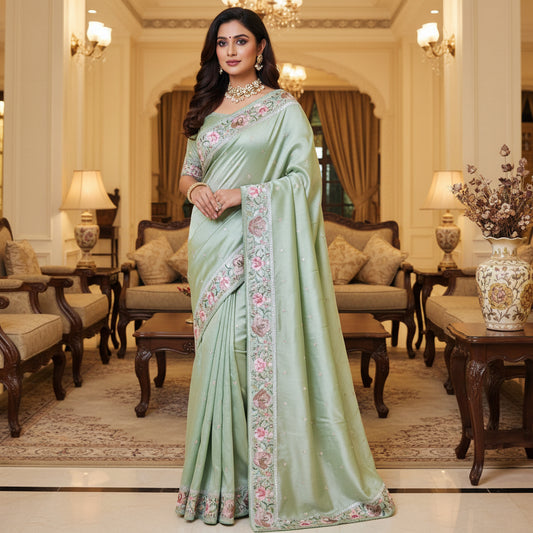 Pista green tissue silver embroidery saree