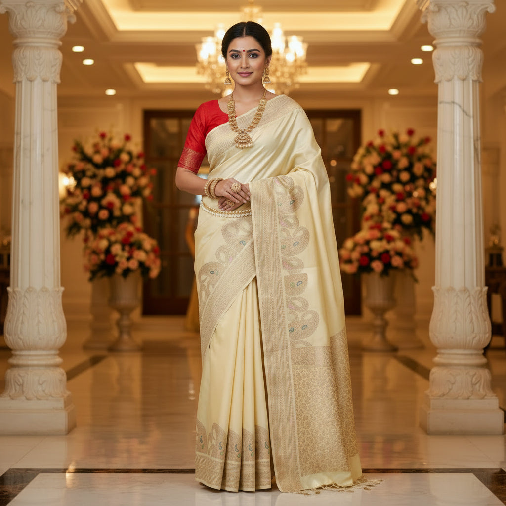 Yellowsh cream pure viscose weaving border saree