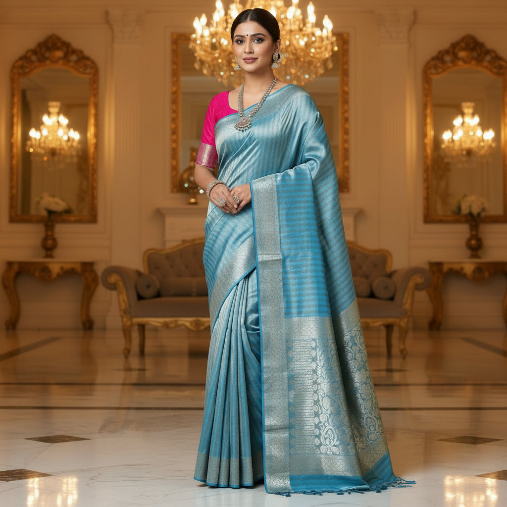 sea blue viscose tissue border saree
