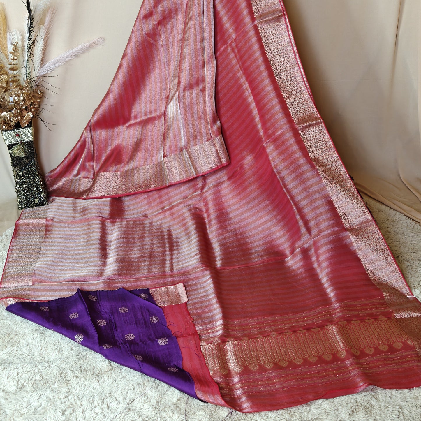 PINK viscose tissue border saree